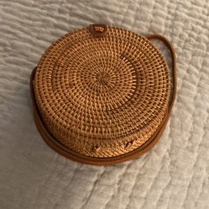 Round Rattan Bag with Shoulder Leather Straps